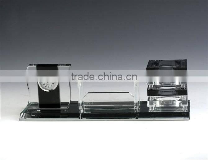 JINGYAGE Office Table Set K9 Crystal Business Card Holder With Clock and Black Pen Holder