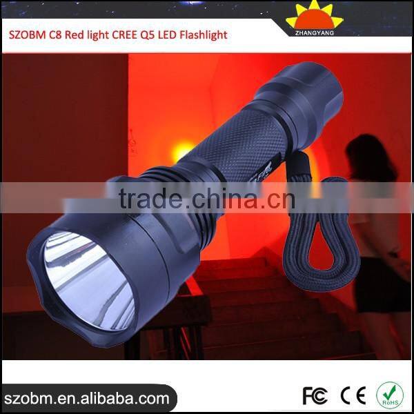 2016 Latest SZOBM C8 Red Light Q5 LED Flashlight, Red Light Aluminum Alloy C8 Tactical LED Flashlight Torch