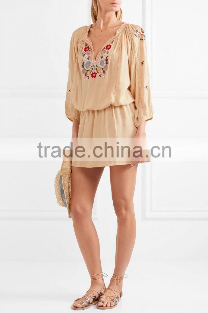Boho Clothing Colorful Floral Embroidery Designs Mini Dress Swimwear Cover up 2016 HSD5839