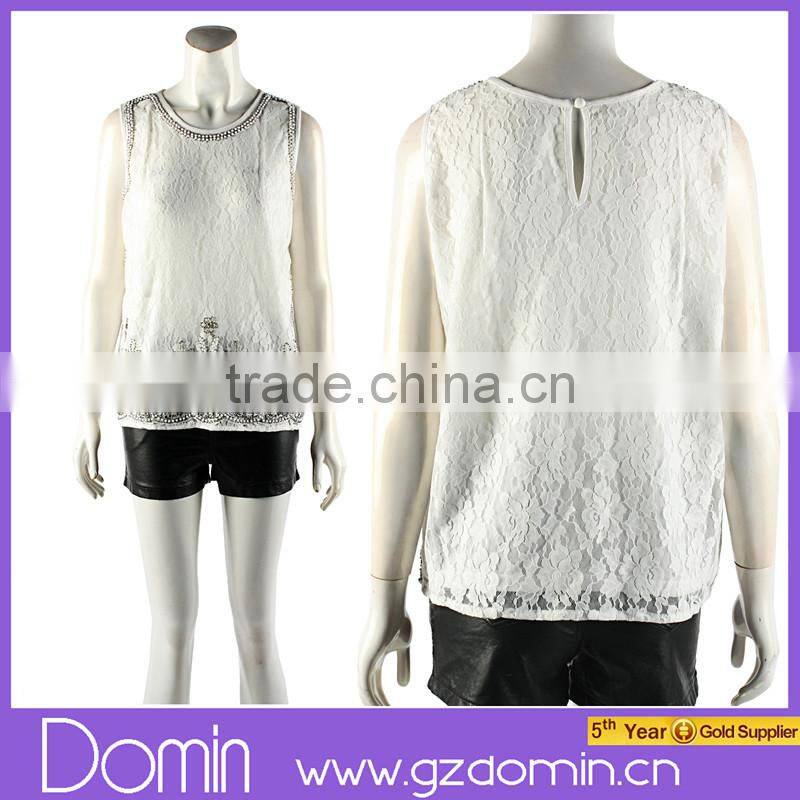 Fashion Beaded Neckline Design Sleeveless Embellished Women Lace Beaded Top