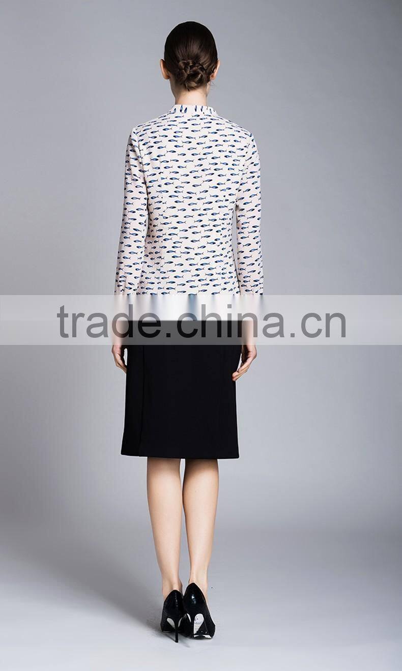 Spring-Summer Season Ladies Length Sleeve Stand Collar Printing Shirt Blouse