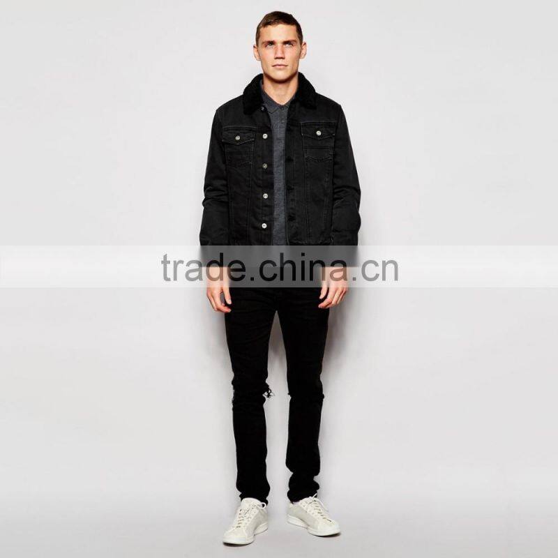 black denim plain fur jacket black collar windbreak overcoat for men