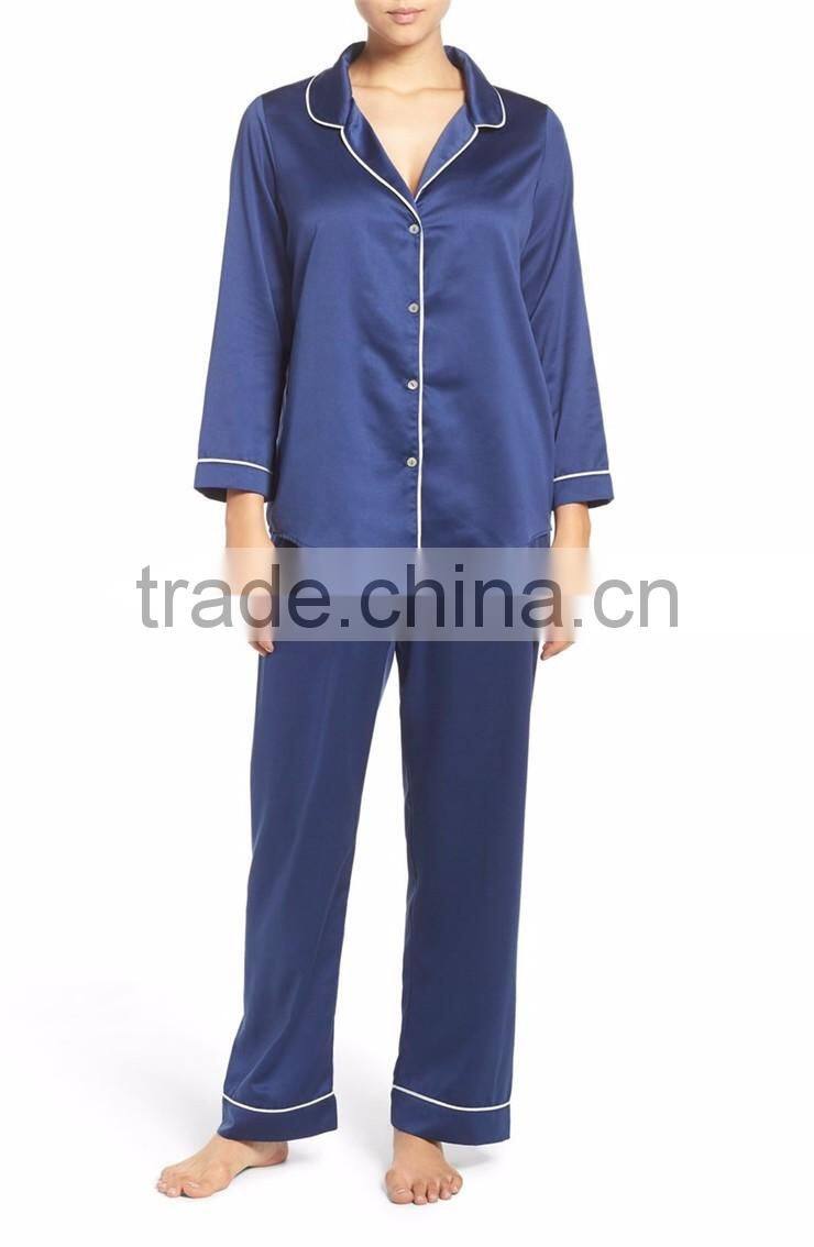 Hot Sale Women Long Pajamas Set Long Sleeve Button Top With Long Pants White Piping Pyjama Set Navy Blue