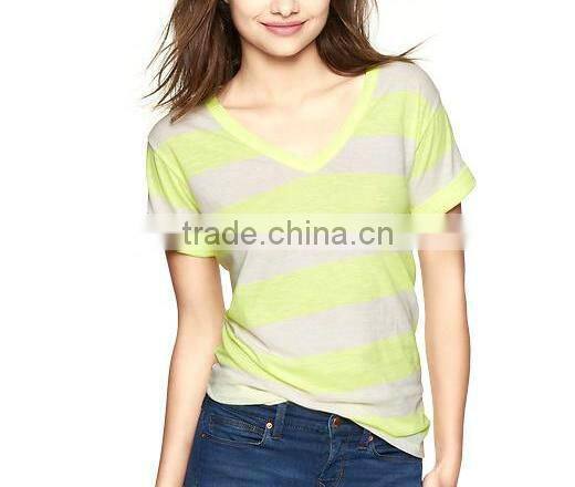 Neon striped womens V neck t shirt