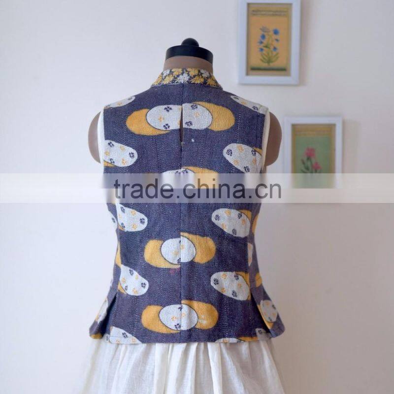 Vintage Kantha Vest in Yellow & Purple Floral Print ~ Small