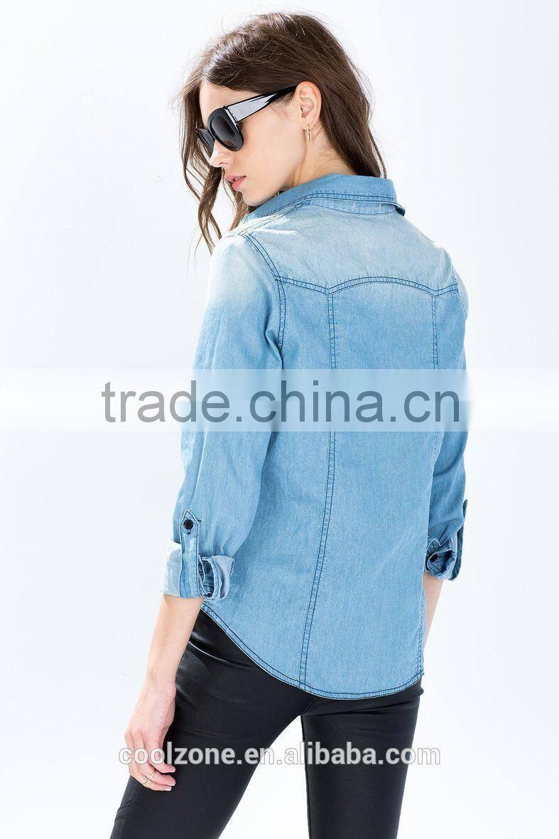 Classic pointed collar faded wash denim shirt wholesale woman shirt with double chest pockets