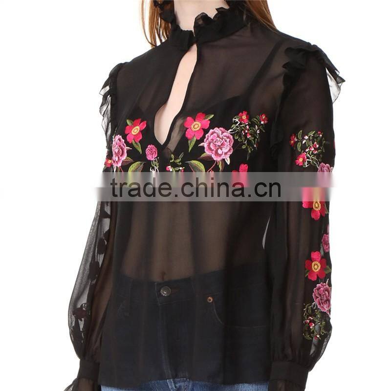2017 OEM Peony Embroidered Silk-chiffon Button Keyhole Ruffle Blouse