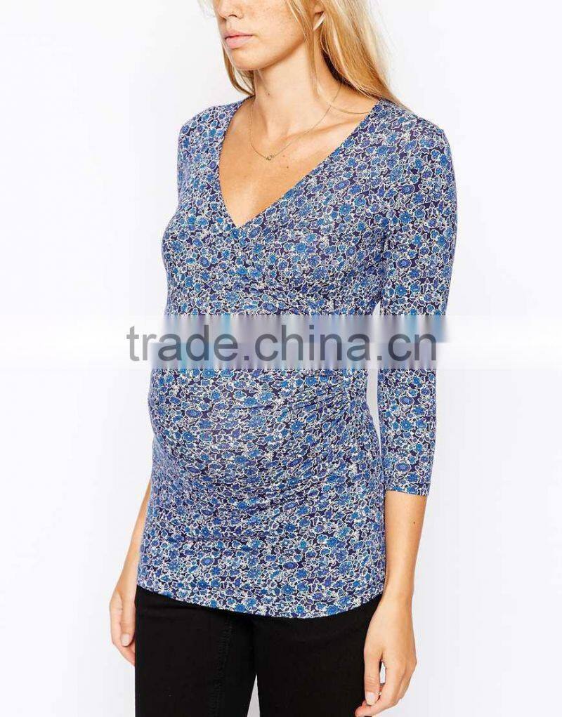 Maternity Top Isabella Oliver Blue Ditsy Print Wrap Tuni