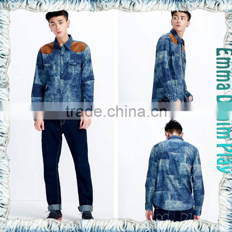 2017 Fashion Premium Mens Washed Thin Checked Denim Shirts with Suede Patch