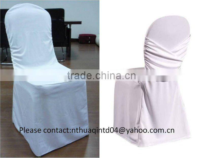 White polyester scuba chair cover with black spandex band