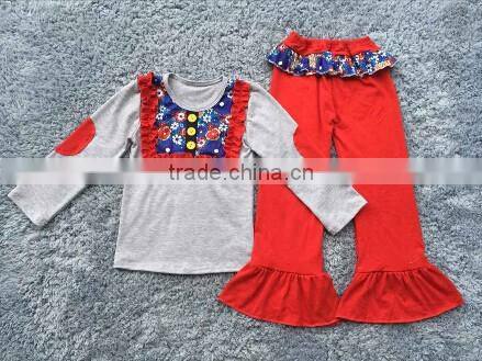 Latest design 2016 fashion girls floral print bib dsess sets wholesale children boutique clothes puffy babys stripe ruffle pant