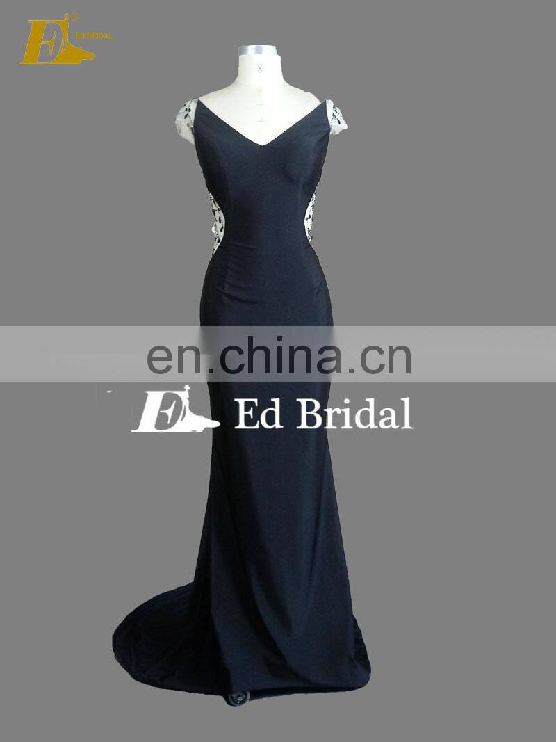 Custom Made V Neckline Cap Sleeve Beaded Black Teen Special Occasions Prom Dresses