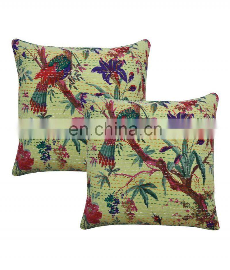 Bird Print Decorative Kantha Floral Cushion Covers Indian Handmade Kantha Cushion Cover Throw
