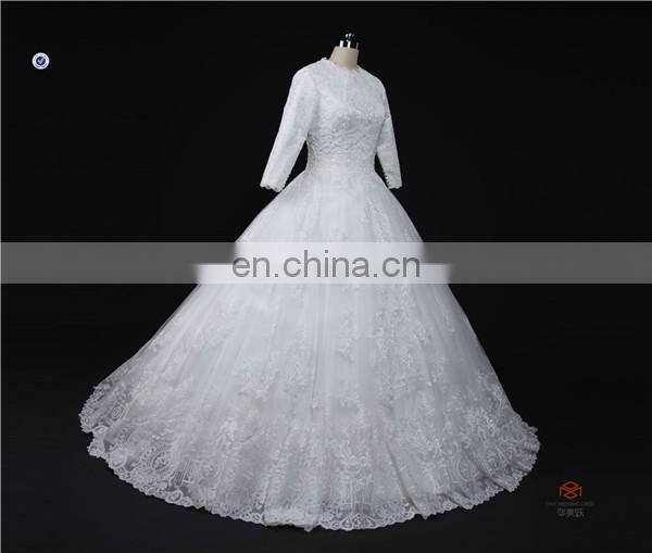 HMY-E0363 Scoop Neckline Heavily Appliqued Lace Floor Length Muslim Long Sleeve Wedding Gown 2016