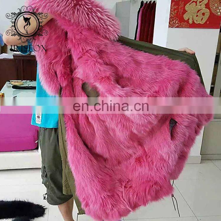 real pink color fox fur parka wholesale modern oversized fur trim coat for women