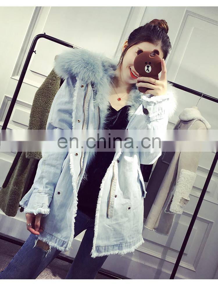 Custom High Fashion Lady Autumn and Winter Cheap Genuine Raccoon Fur Lining Women Jean Coat