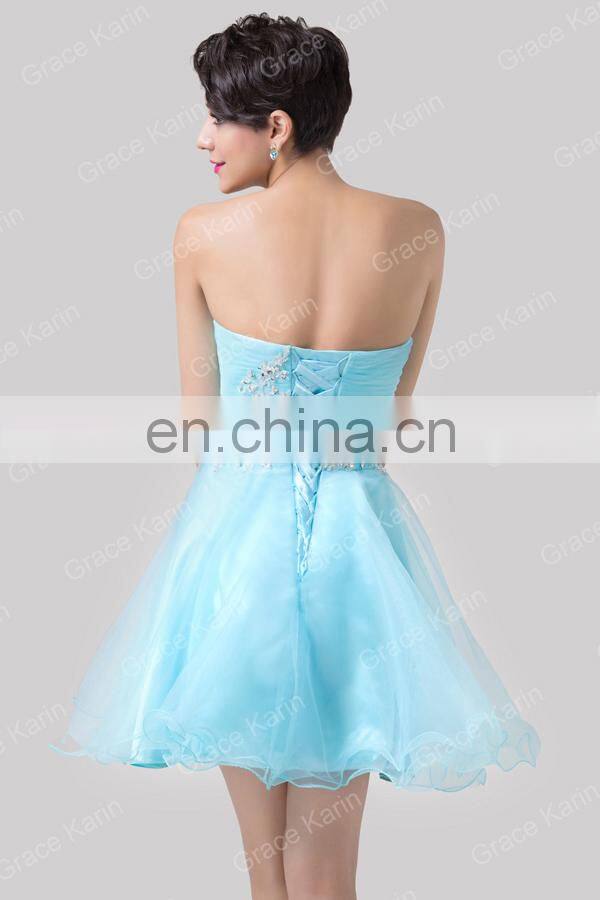 Newest Design of Grace Karin Strapless Short Blue Cocktail Dresses With Shining Rhinestone CL6178
