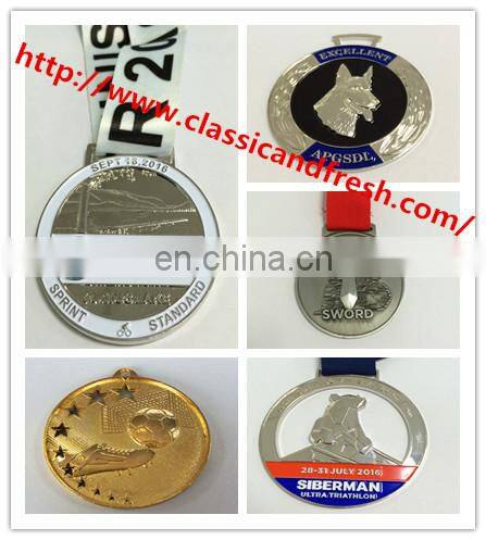 Black nickel Plating medal with custom wording logo and custom medal ribbon for sport events