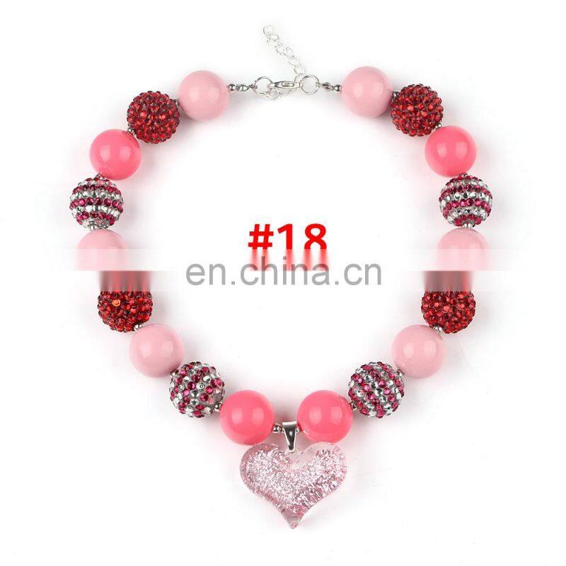 Valentine'sDay Baby Girl Necklace Kids Pink Chunky Bubblegum Beads Necklace Love Hear Pendants 35Styles