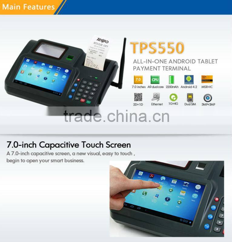 China TPS550 wcdma/finger reader/card reader/ barcode reader 1D/2D wifi/ethernet touch lcd all in one pos