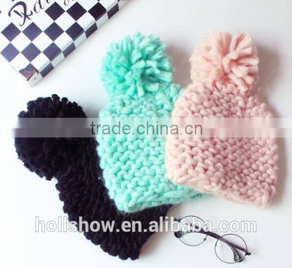 2016 Newest Fresh Macaron Color Thick Iceland Yarn Knitted Pom Pom Beanie Caps
