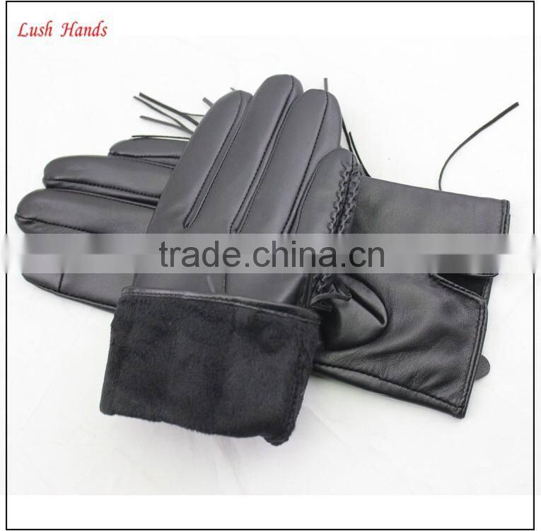 genuine black thin fringed leather gloves with polyester lining