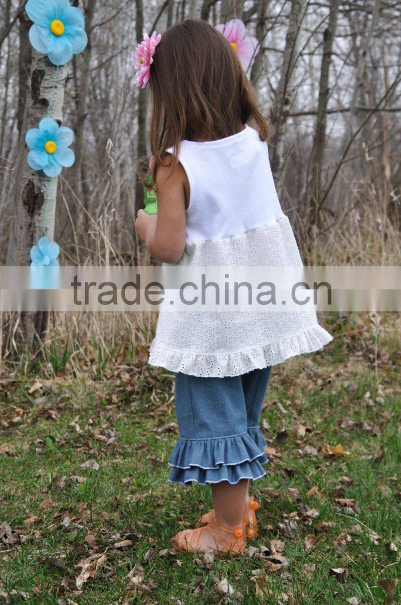 2015 Lovely design cotton lace top with Double Ruffle jeans pants Clothing sets