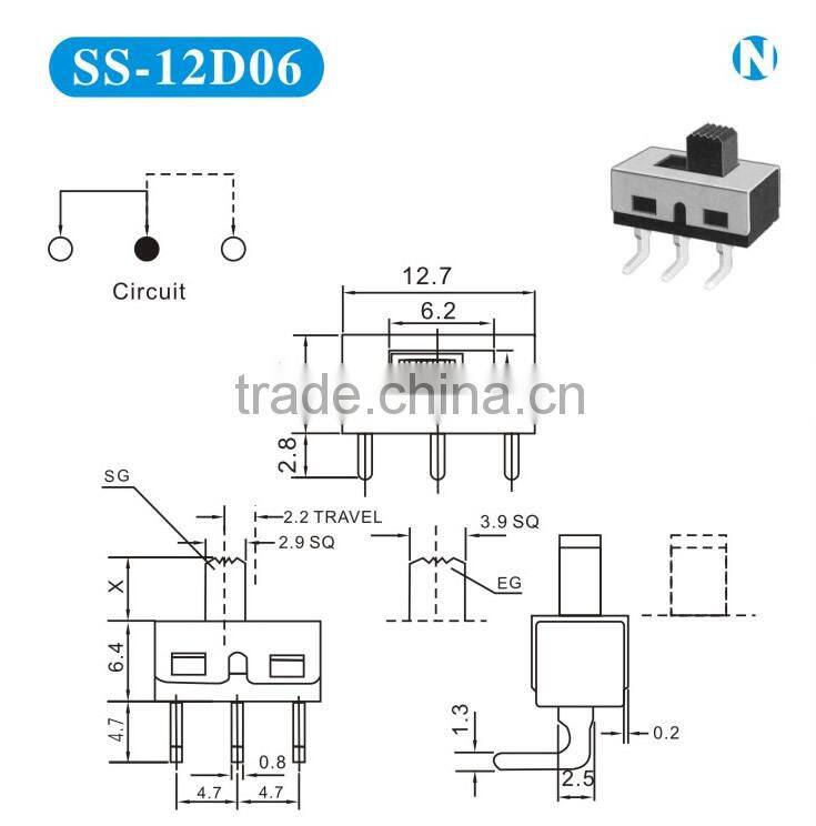High quality 1P2T 2A 125V AC slide switch