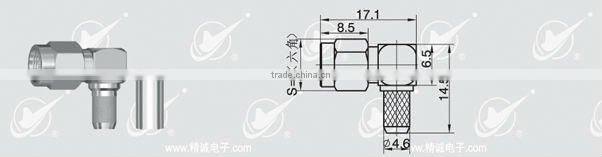 SMA male right angle connector, crimp, for cable rg58 rg142