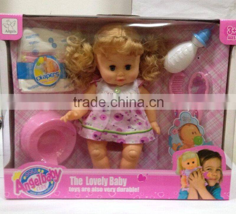 Hot selling 14inch soft material doll set drinking peeing girl baby doll toy