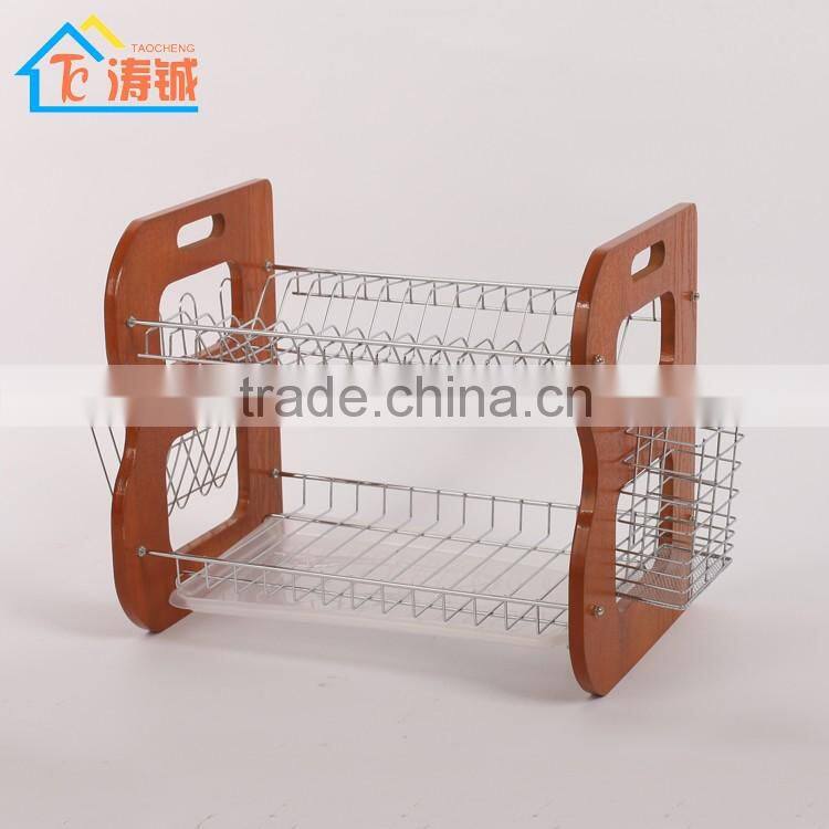 Knocked down double plastic tray new design high quality wooden dish rack