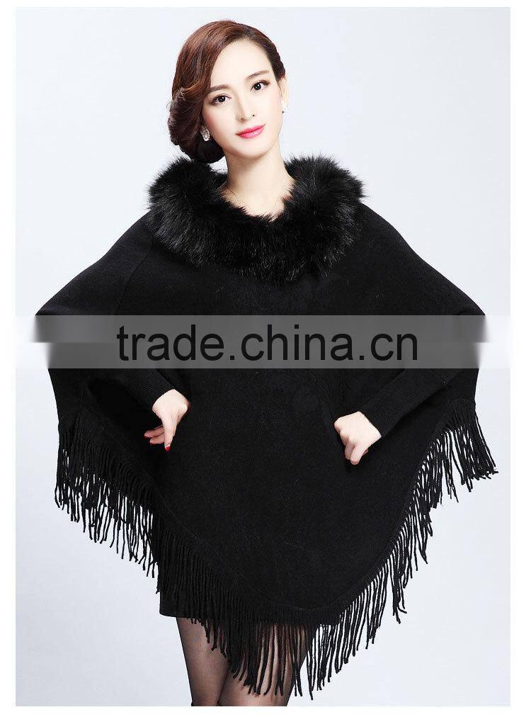2015 Europe and United States new upmarket collars printing long tassels knitting cape coat female