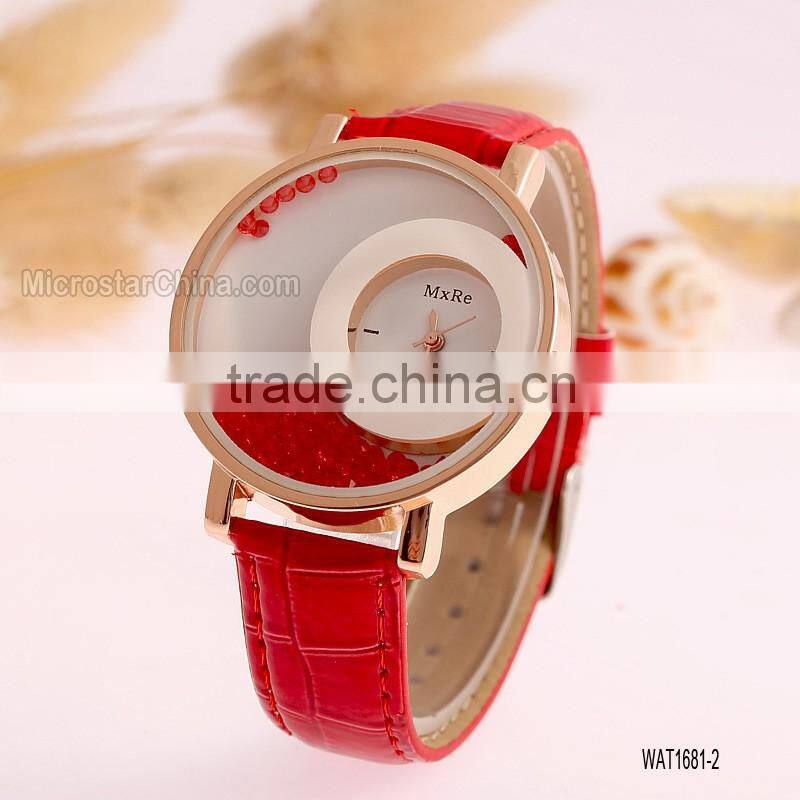 Elegant Women Quicksand Faux Leather Band Bracelet Round Dial Analog Wrist Watch