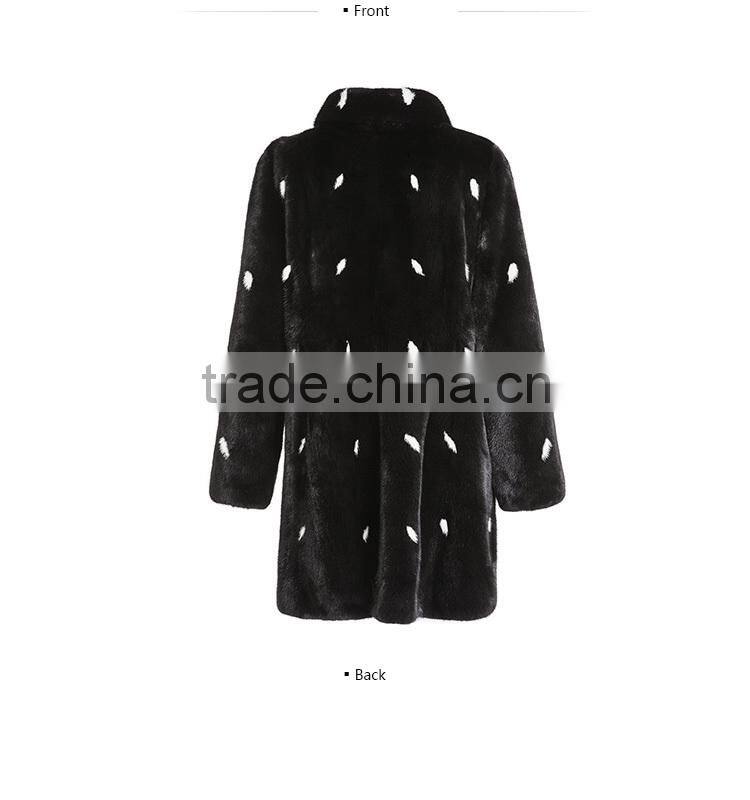 2015 new design custom black mink fur coat with white spot coat