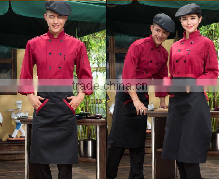Custom made dark red shirt and black pant /apron Chef Uniforms restaurant waiter long sleeve work sets