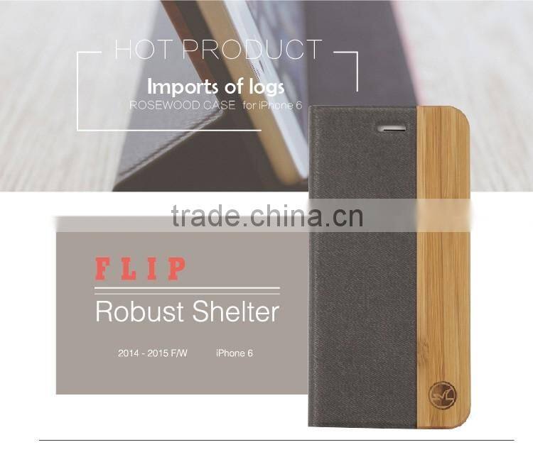 Fashion Mobile Accessories Laser Engraving Wood Bamboo Leather Flip Case for iPhone 6, Wooden Flip Stand Phone Cover for iPhone
