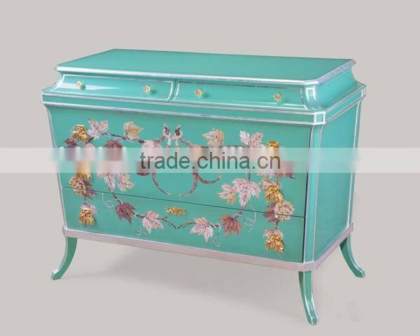 Exquisite Seasell Mosaic Console Cabinet, Vintage Wood Carved Chest Of Drawers W Hand Painted, Classic Living Room Curio Cabinet