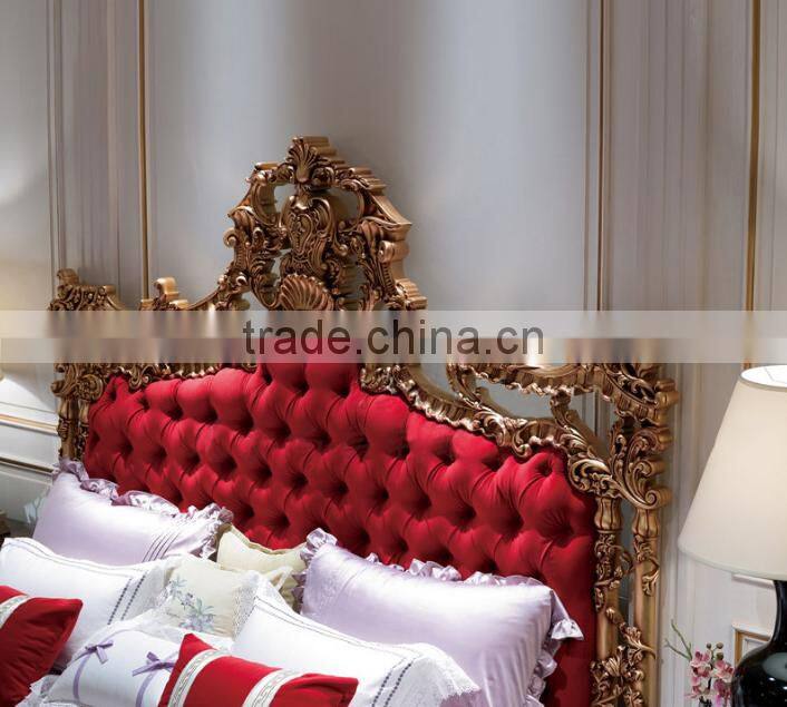 Luxury neoclassical solid wood bedroom furniture double bed with wooden hand carved heardboard