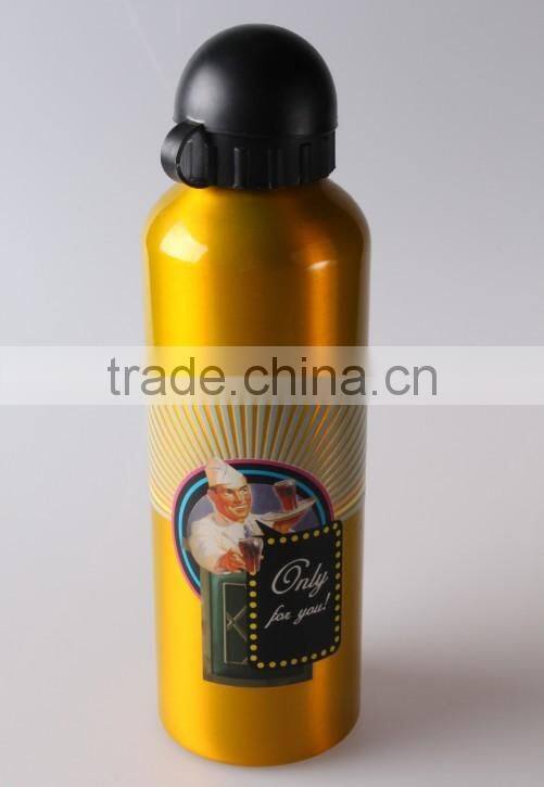 gold color aluminum water bottle with plastic cap