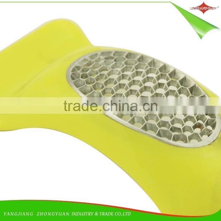 ZY-F1477 kitchen gadgets green stainless steel garlic press with plastic handle