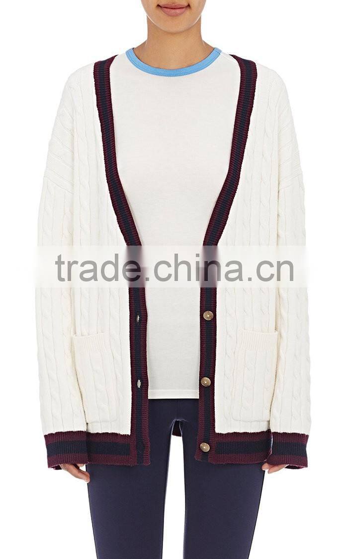 Wholesale Pure White V-Neck Rib-Knit Cashmere Women Sweater with Buttons Fastening and Slant Pockets