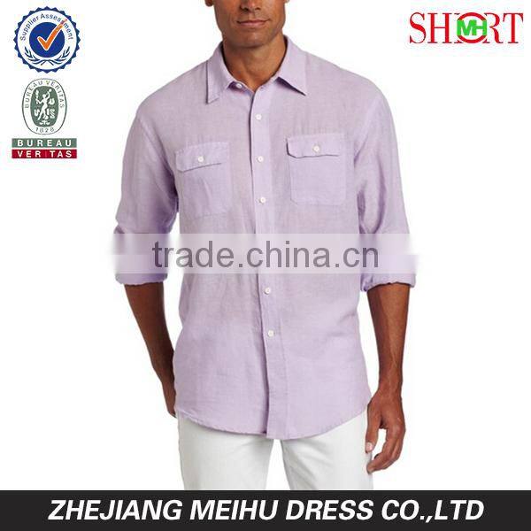 men's long sleeve solid double pocket linen casual shirt