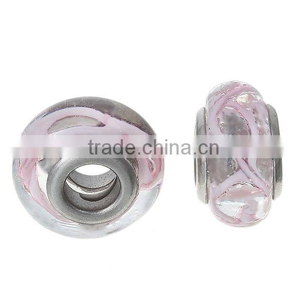 Lampwork Glass European Style Large Hole Beads Round Transparent Pink Ripple With 304 Stainless Steel Silver Tone Core
