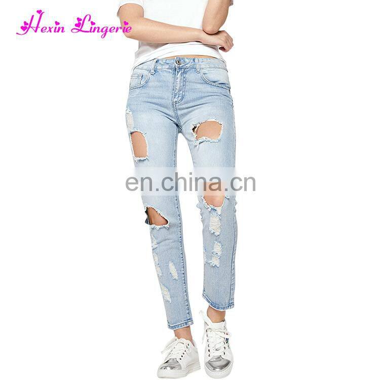 Wholesale Latest Designs Embroidery Light Blue Loose Girls Jeans Pants