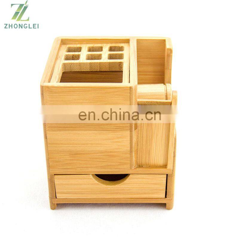 High Quality Bamboo Desk Square Pen Pencil Holder Stand Office Organizer With Tape Dispenser