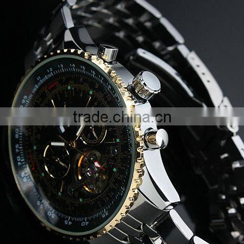 ESS Men Gent Black Tourbillon Date Golden Case Aviator Mechanical Watch WM194