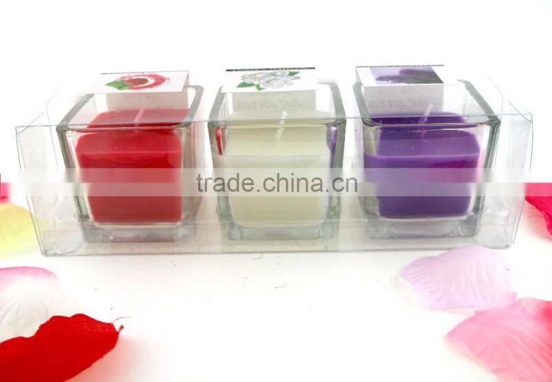 flat top 3/set scented candles soy candles in square jar holder with PVC package