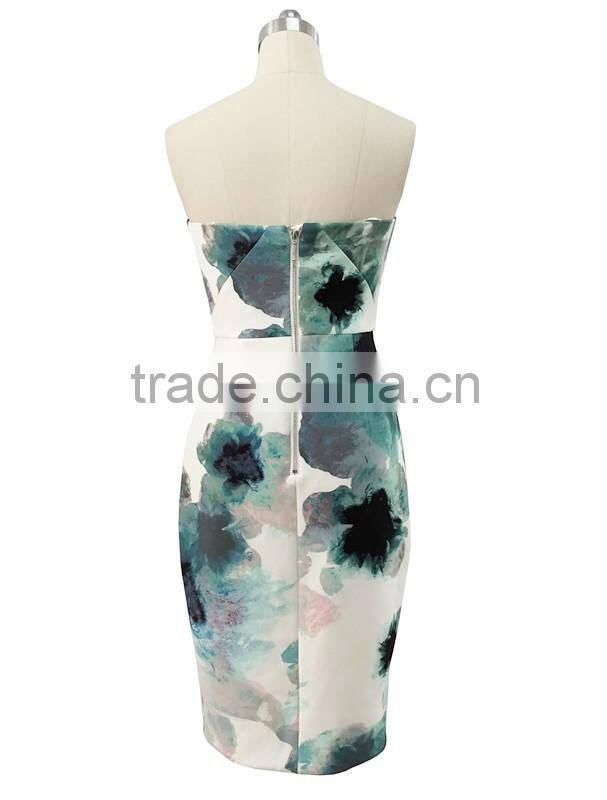 Lady's digital printed bonded fabric strapless dress
