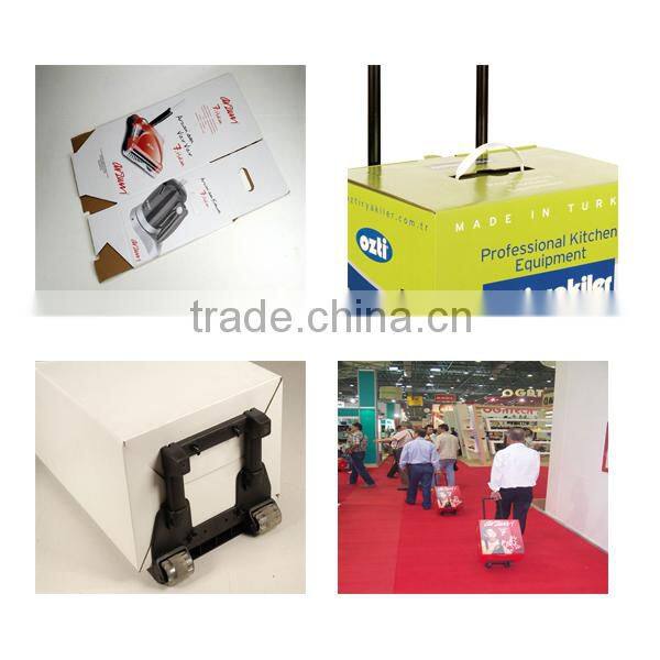 Adjustable paper trolley box for exhibition , karton trolley box for exhibition brochures , cardboard trolley box with wheels
