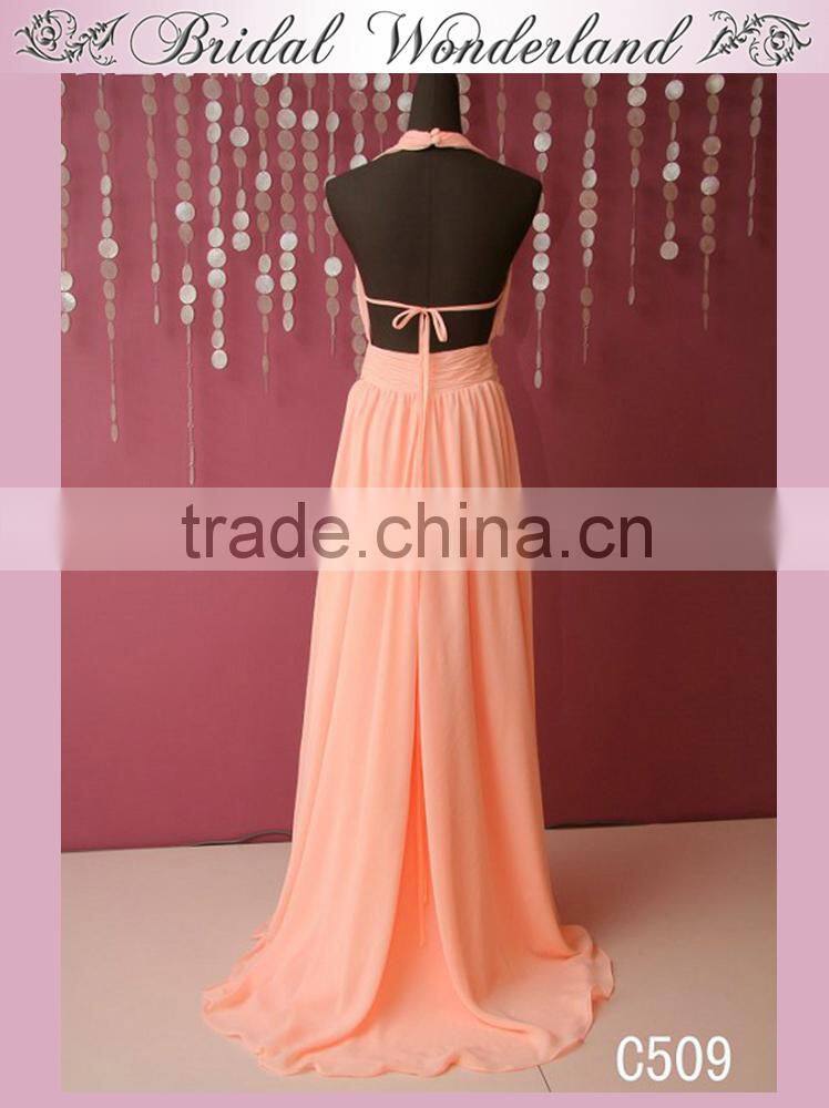 Brazilian long backless pink chiffon evening dress